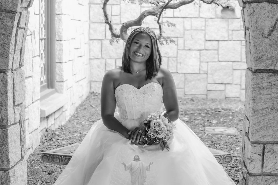 After: the same photo finished in black and white with an added detail on the gown.